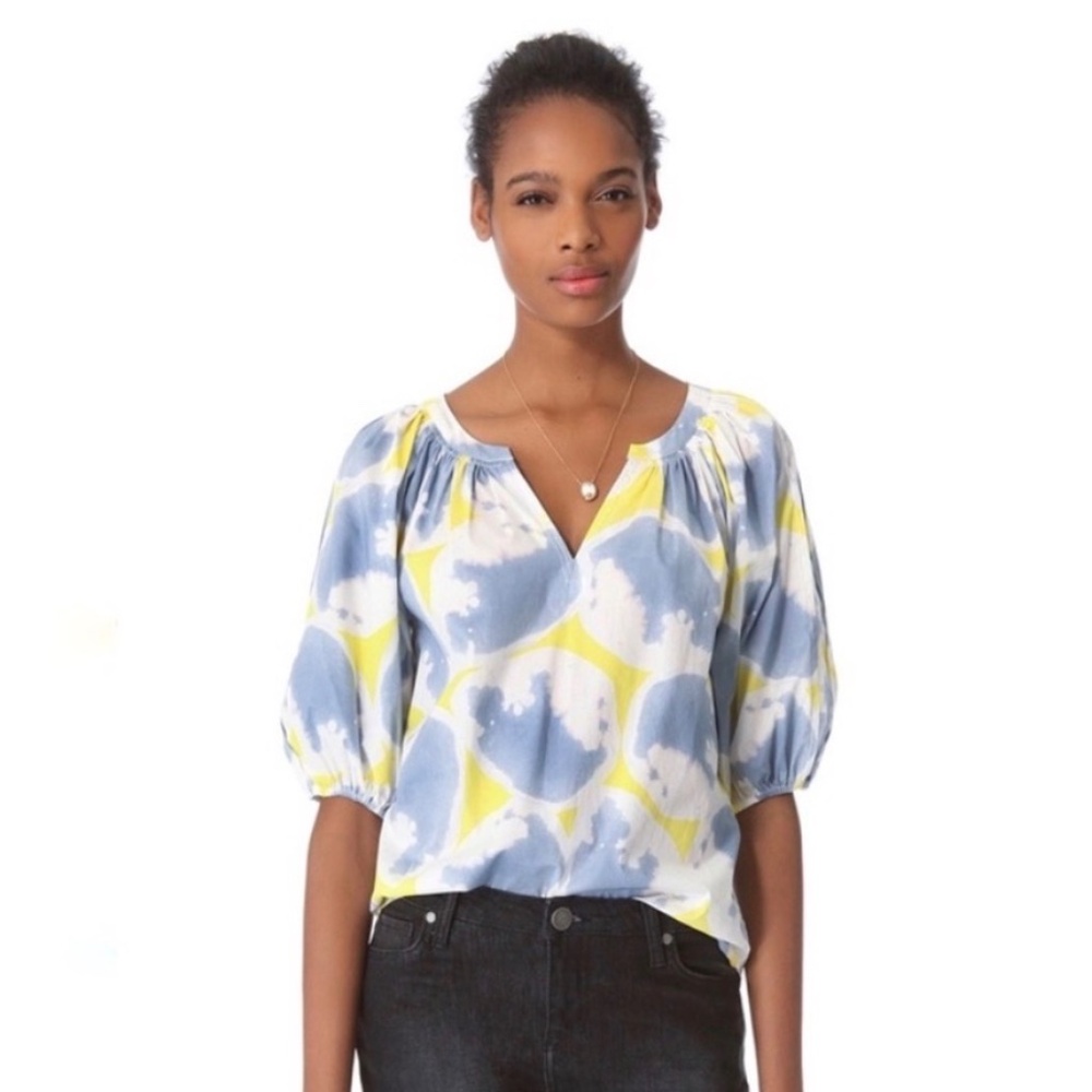 Diane von Furstenberg Keoni Pleated Blouse Top Blue Yellow Tie Dye Size 2 EUC